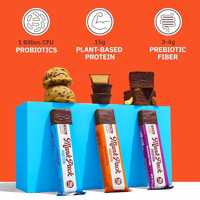 Munk Pack Variety Pack Probiotic Protein Bars | 15g Protein, 1g Sugar, 5g Net Carbs | Plant-Based, High Protein, Low Sugar Gut Health Snacks | 12 Pack