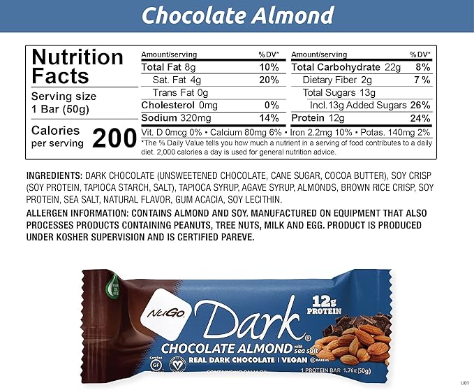 NuGo Dark Variety - Pretzel w/Sea Salt 12 bars & New! Chocolate Almond w/Sea Salt 12 bars, 12g Protein Bar, Vegan, Gluten Free, Non-GMO, Kosher Pareve, 24 count