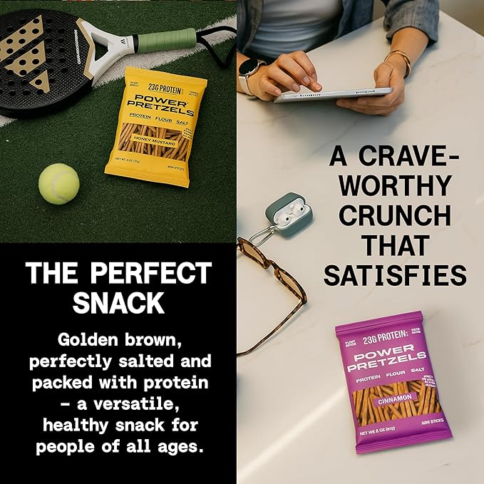 Power Pretzels - Variety Pack, 9 Count, 23g Protein per Bag, Vegan Friendly and Plant-Based, (3) Cinnamon, (3) Honey Mustard, (3) Salt, Perfect for Active Adults, Great for Gym, Work, or On-the-Go