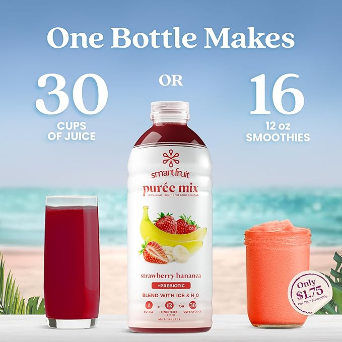 Smartfruit Strawberry Bananza + Oat Fiber – 100% Real Fruit Purée with Strawberries & Banana – Great for Smoothies, Juice, Yogurt, Cocktails, Teas & More – High in Vitamin C – 2-Pk, 48oz Each