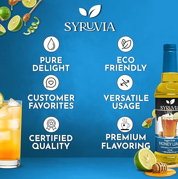 Syruvia Sugar Free Honey Lime Flavored Syrup for Drinks, Cocktails, Mocktails, Iced Teas and Desserts – 25.4 fl oz