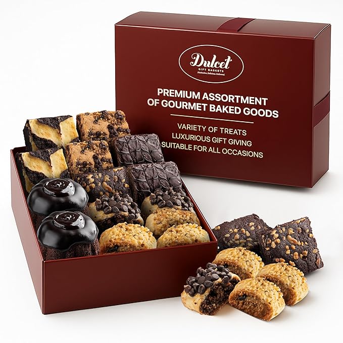 Dulcet Premium Gift Basket - Premium Assortment of Baked Goods - Valentines Gift Basket with Individually Wrapped Whoopie Pies, Brownies, Rugelah, and More - Personal Note Option Included.