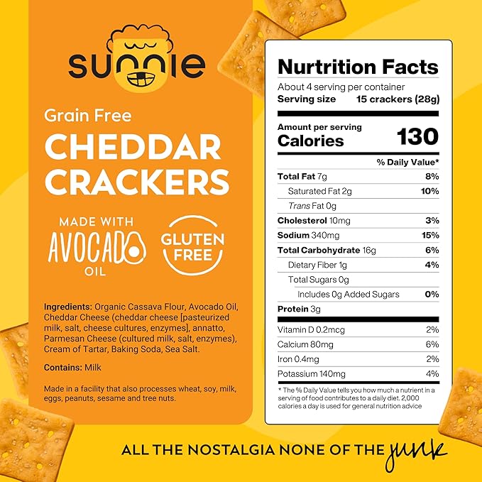 Sunnie Gluten Free Cheddar Crackers, Healthy Grain-Free Cracker Made with Real Cheese, Snacks for Kids & Adults, Made with Avocado Oil, Low Calorie Snack, 4 oz, Pack of 12