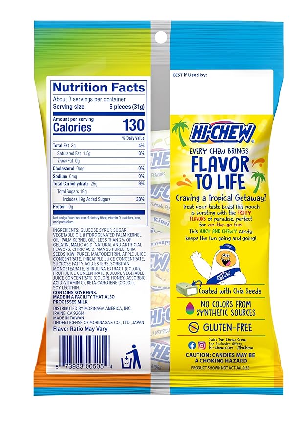 HI-CHEW Tropical Mix, 6 Bags, 3.53oz Each, Kiwi Pineapple Mango Taffy Candy