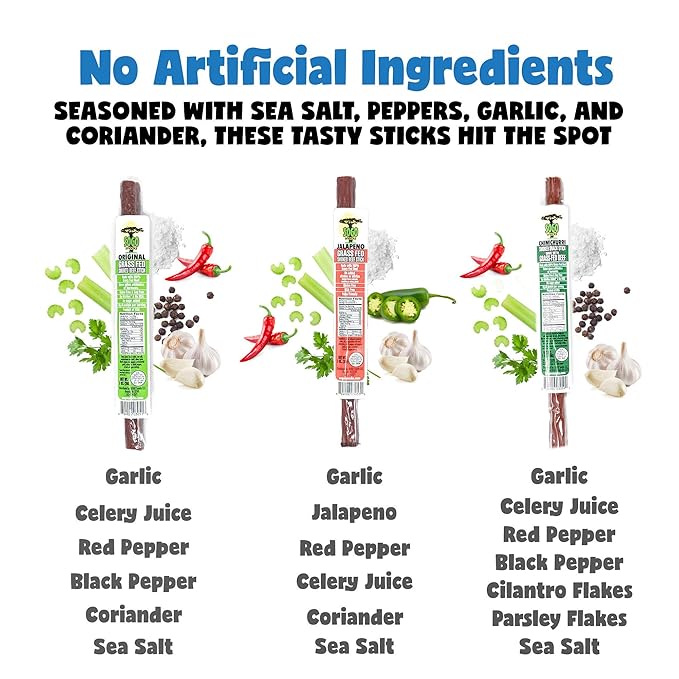 Sugar-Free Beef Jerky Variety Pack, 100% Grass Fed Beef Sticks. Non-GMO. No Added Nitrates, Gluten, Soy, MSG, Dairy or Nuts. Paleo, Whole30, Keto Snack. (4 Original, 4 Chimichurri, 4 Jalapeno, 12-Cnt)