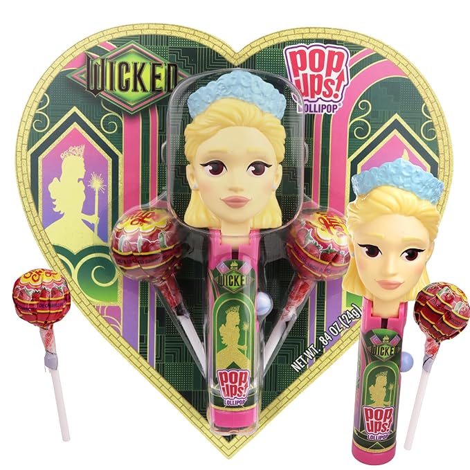 Wicked Glinda Pop Ups Heart Box, Two Lollipops with Character Holder, Valentine's Day Candy Gift, 0.84 Ounces