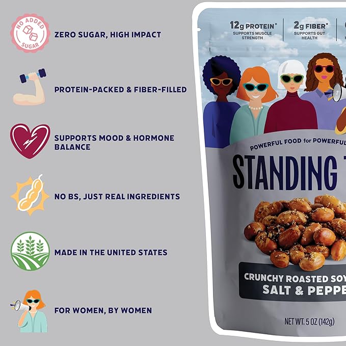 Standing Tall Roasted Soybean Snack, Salt & Pepper Flavor – Crunchy High-Protein Soybeans, 12g protein, 2g fiber, 0g sugar, Plant-Based Vegan Snack, Gluten-Free, Non-GMO, 3 Count Multi-Pack