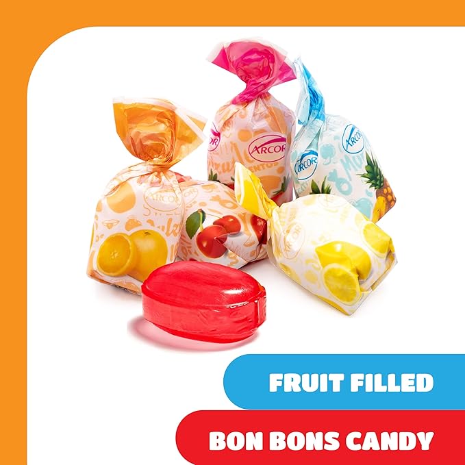 Arcor Fruit Filled Hard Candy - 1 Pound Bag - Bon Bons Candy with Pineapple, Strawberry, Orange, Cherry, and Lemon Flavors - Individually Wrapped Assorted Fruit Candy