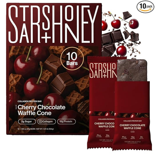 Stars + Honey Protein Bars - Cherry Chocolate Waffle Cone, 15g Protein, 2g Sugar, w/Collagen Keto Friendly Snack - Gluten, Dairy, Seed Oil, & Soy Free - High-Protein Snacks for Energy -10 pack