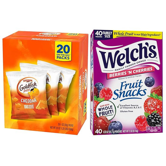 Goldfish and Welch’s Fruit Snacks for Back to School, 1 Box of Goldfish Cheddar Cheese Snack Packs (20 Count) and 1 Box of Welch’s Berries ‘N Cherries Fruit Snack Packs (40 Count)