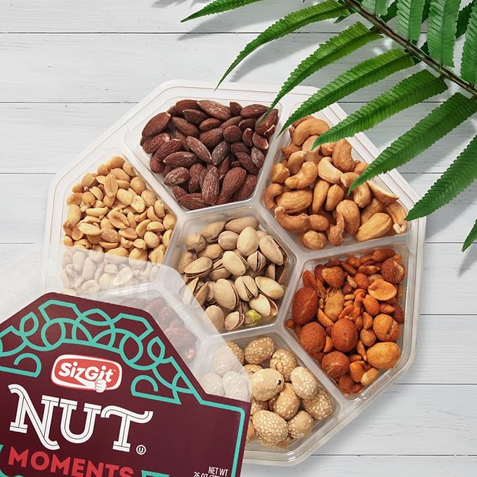 SizGit Nut Gift Baskets, 26oz Mixed Nut Gift Box of 7 Sectional Platter, Ideal Nut Assortment for Holidays, Birthdays, Celebrations, Anniversaries, Corporate Occasions and Everyday Snacking