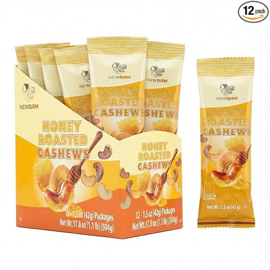 NEWBAM Honey Roasted Cashews – 12 Individual Snack Packs (1.5oz Each) – Sweet Crunchy Nuts, Healthy On-the-Go Protein Snack – Gluten-Free, Made in Vietnam