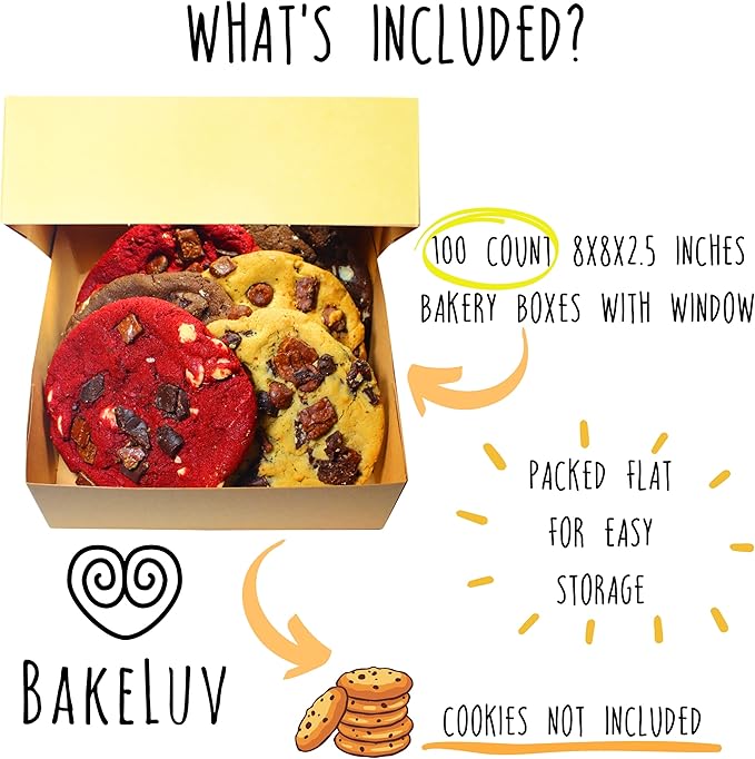 BAKELUV 100 Pack 8x8x2.5 Inch Brown Bakery Boxes with Window | Cookie Boxes, Pastry, Desserts, Treats, Food, Cardboard Takeaway/Takeout Containers | Kraft