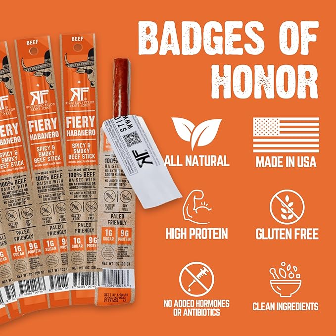 Righteous Felon Meat Sticks | 100% Grass Fed Beef | Keto, Gluten-Free, Low Sugar, High Protein Healthy Snacks | Valentines Day Jerky Gifts for Men | Fiery Habanero Beef Sticks, 24 Count