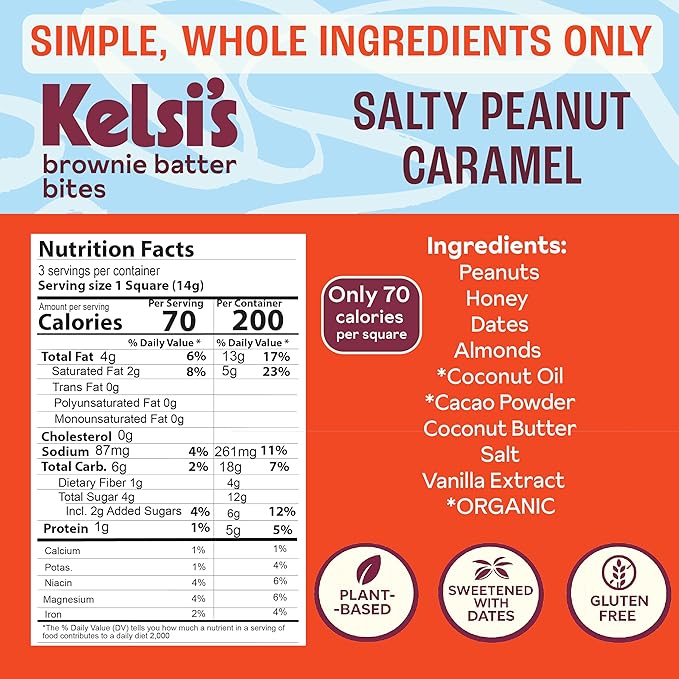 Kelsi's Salty Peanut Caramel Brownie Batter Bites, 8 Pack - Whole Ingredients, Healthy Brownie Bites, Dairy Free, Gluten Free, Soy Free Chocolate, Zero Refined Sugar, Paleo, Minimally Processed, Healthy Snack Alternative for Adults & Kids
