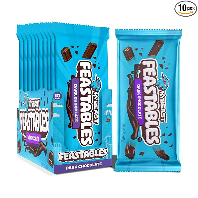 Feastables MrBeast Original Dark Chocolate Chocolate Bar, King Size Candy Bar for Adults & Kids, Candy Bars for Snacks, Gifts, & Dessert, Sweet & Creamy Quality Fairtrade Cocoa, 2.1 Oz Each, 10 Count
