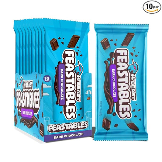 Feastables MrBeast Original Dark Chocolate Chocolate Bar, King Size Candy Bar for Adults & Kids, Candy Bars for Snacks, Gifts, & Dessert, Sweet & Creamy Quality Fairtrade Cocoa, 2.1 Oz Each, 10 Count