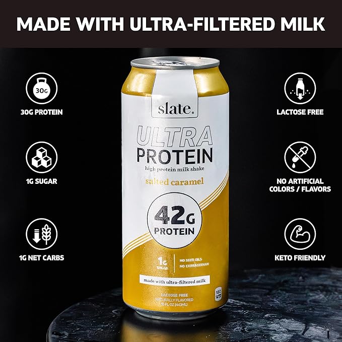 Slate Milk -Ultra Protein Shake-Salted Caramel-42g Protein,1g Sugar,180 Calories,1g Net Carbs-Lactose Free,No Added Sugar-Made with Ultra Filtered Milk- Breakfast Boost,Post Workout- 15 fl oz,12 Cans