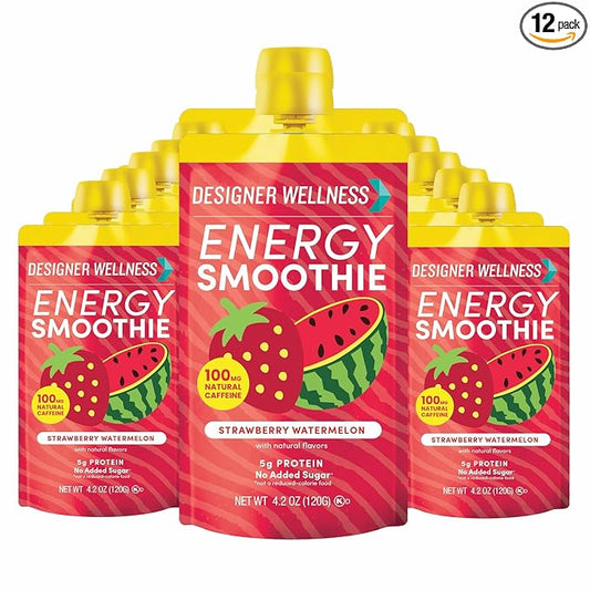 Designer Wellness Energy Smoothie, Real Fruit, 100mg Natural Caffeine, 5g Protein, Low Carb, Zero Added Sugar, Gluten-Free, Strawberry Watermelon, 12 Count