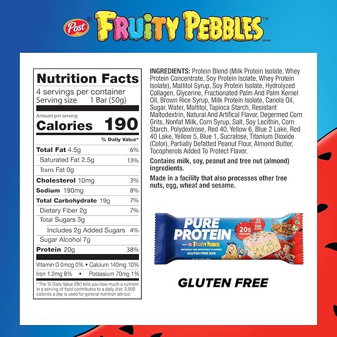 Pure Protein Fruity PEBBLES™ Protein Bars – 20g Protein, 3g Sugar, 190 Calories (4 count) Low Sugar* High Protein Snack – Gluten Free - Perfect for a Healthy Snack.