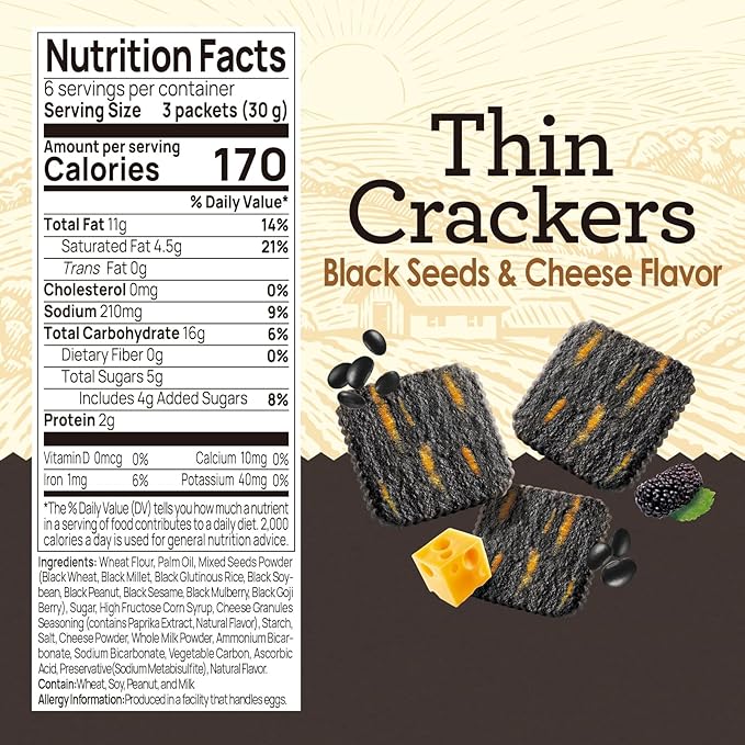 Vloong Black Seeds & Cheese Flavor Thin Crackers, Healthy Snacks with Individual Packs, Baked Crisps with No Artificial Flavors (3 Pack,18.9 Ounce) Black Wheat, Black Millet, Black Rice, Black Bean, Black Peanut, Black Sesame with Cheddar