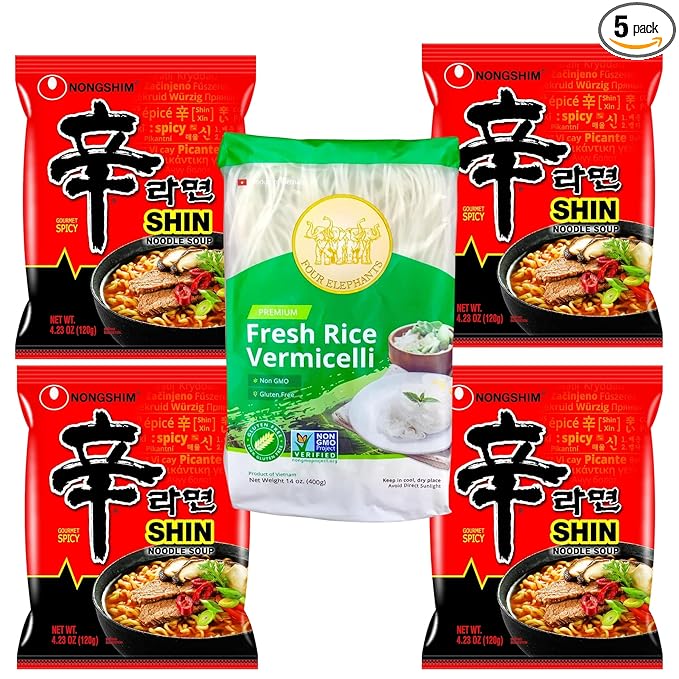 Authentic Asian Pantry Spicy Ramen Noodles 4 Pack + FREE Four Elephants Rice Vermicelli | Korean Ramen Soup + Thin Rice Noodles | Easy Meal Kit, Non-GMO, Gluten-Free