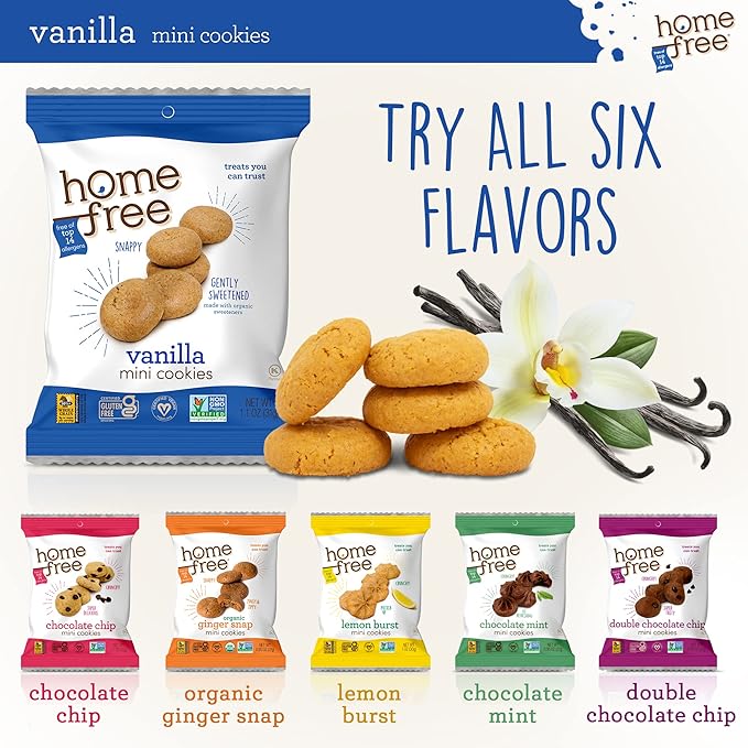Homefree Mini Vanilla Cookies, Gluten Free, Nut Free, Vegan, Individually Wrapped Packs, School Safe and Allergy Friendly Snack, 1.1 oz. (Pack of 64)