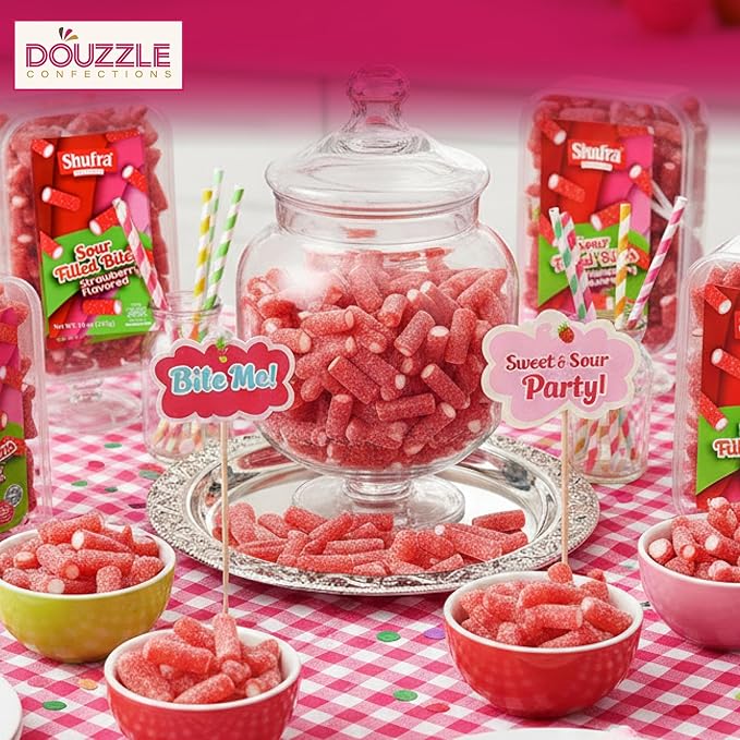 DOUzzle Valentines Day Sweet Treats, Sour Bites Chewy Candy Strips Strawberry Flavored Sour Filled Bites (10 OZ - Pack of 1) Goodie Bag Stuffer, Pinata Filler - Kosher Parve