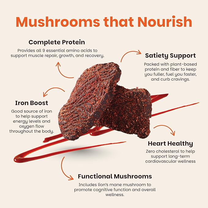 Mourish Vegan Mushroom Bites, Teriyaki Flavor, 3 Pack (2 oz), Good Source of Protein and Fiber, Plant Based Meat Jerky, Meatless Healthy Snacks for Hiking, Work, Travel & School