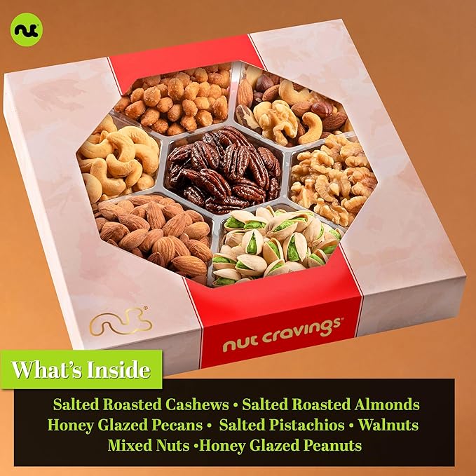 NUT CRAVINGS - Valentines Day Mixed Nuts Gift Basket in Red Gold Box (7 Assortments, 1 LB) Treats for Adults, Food Arrangement, Healthy Snack Care Package, Kosher
