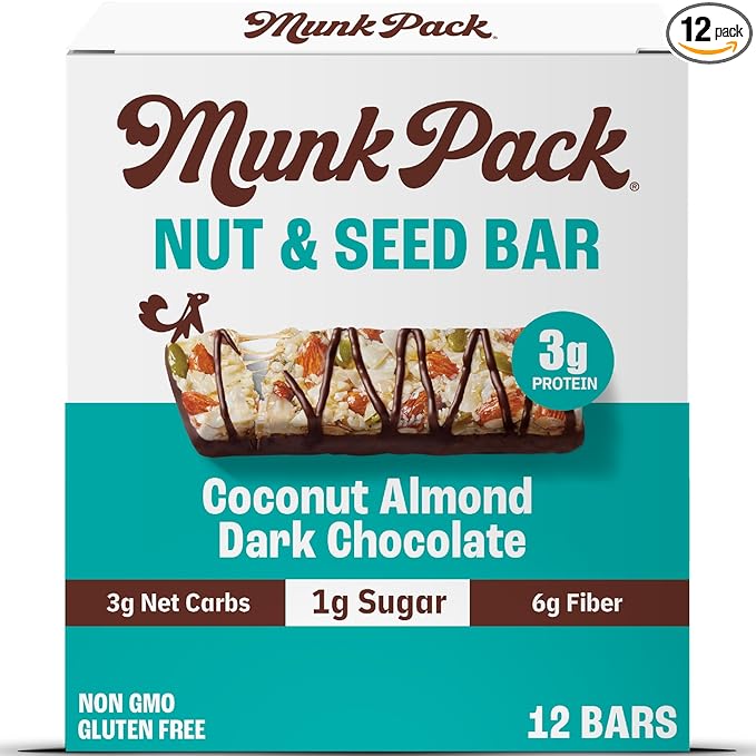 Munk Pack Coconut Almond Dark Chocolate Nut & Seed Snack Bars | 3g Protein, 1g Sugar, 3g Net Carbs | Keto Friendly, Plant-Based, Low Sugar, Gluten-Free Snacks | 12 Count (4.92 oz)