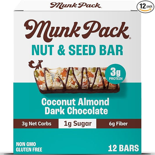 Munk Pack Coconut Almond Dark Chocolate Nut & Seed Snack Bars | 3g Protein, 1g Sugar, 3g Net Carbs | Keto Friendly, Plant-Based, Low Sugar, Gluten-Free Snacks | 12 Count (4.92 oz)