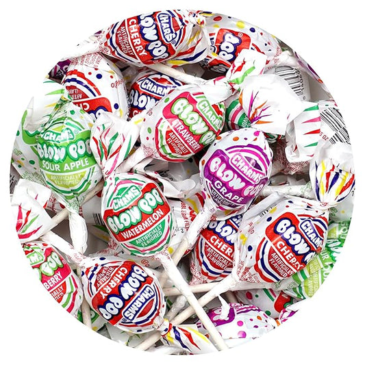 Charms Blow Pops, 3lb Bulk Bag (Approx 68), Assorted Fruit Flavored Bubble Gum Filled Lollipops, Individually Wrapped Bulk Hard Candy, The Hampton Popcorn & Candy Company