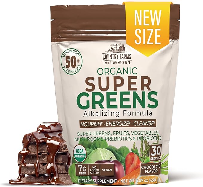 Country Farms Super Greens Chocolate Flavor, 50 Organic Super Foods, USDA Organic Drink Mix (Wheat Grass, Spirulina, Chlorella) Mushrooms & Probiotics, with Fiber, Natural Energy, 30 Servings