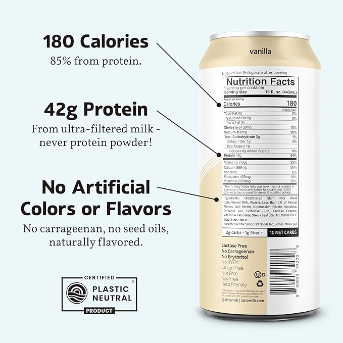 Slate Milk - Ultra Protein Shake - Vanilla - 42g Protein, 1g Sugar, 180 Calories, 1g Net Carbs - Lactose Free, No Added Sugar - Made with Ultra Filtered Milk - Breakfast Boost, Post Workout - 15 fl oz, 12 Cans