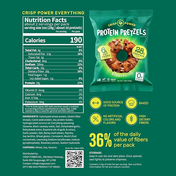 Crisp Power Protein Pretzels, Variety Pack With Sea Salt, Sesame, & Everything, High Protein Snack, Up To 28G Protein Per Bag, Low Carb Crunchy Pretzel Snacks, No Added Sugar, No Seed Oils, 1.75 Oz Bags, 24 Pack, Vegan, Plant-Based, Keto