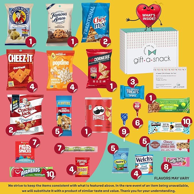 Gift A Snack - Valentines Day Snack Box Variety Pack Care Package + Greeting Card (100 Count) Birthday Sweet Treats Gift Basket Candies Chips Crackers Bars Office Food Assortments & Variety Gifts