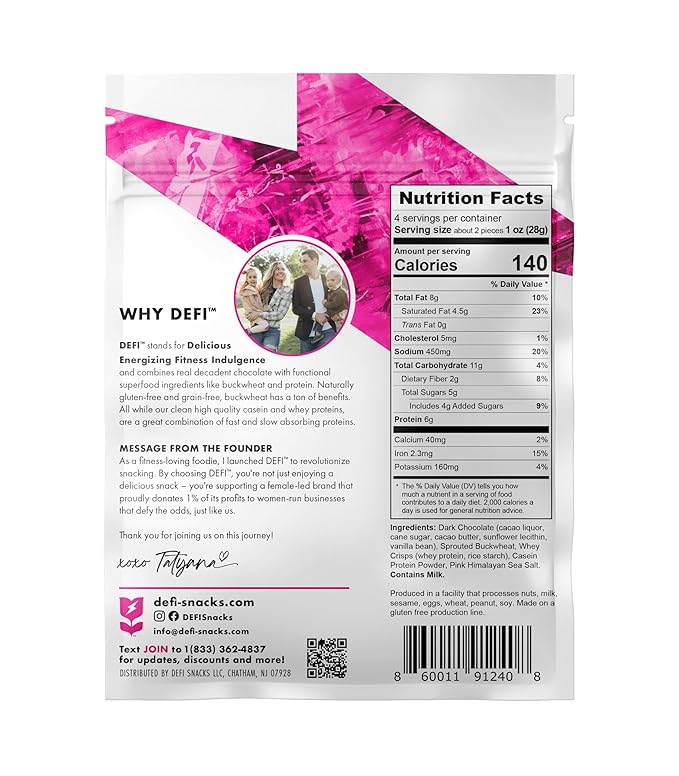 DEFI Dark Chocolate Pink Himalayan Sea Salt Crispy Superfood High-Protein Bites – 25g of Protein per Serving, Gluten-Free, Non-GMO, Kosher – Ideal On-the-Go Snack for Active Lifestyles
