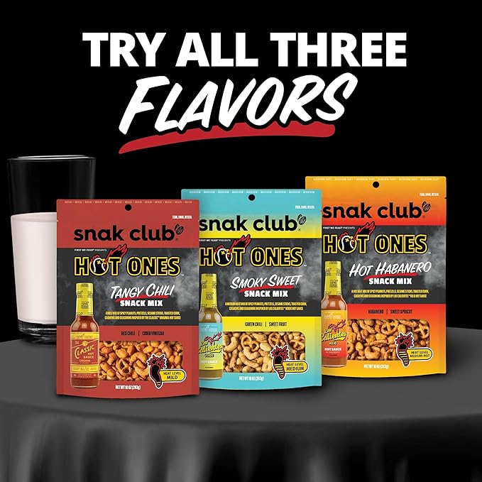 Snak Club x Hot Ones Smoky Sweet Snack Mix, Spicy Snacks with Peanuts, Pretzels, Sesame Sticks, Toasted Corn & Cashews, Inspired by Hot Ones Hot Sauce, 2 oz Bag (12 Count)