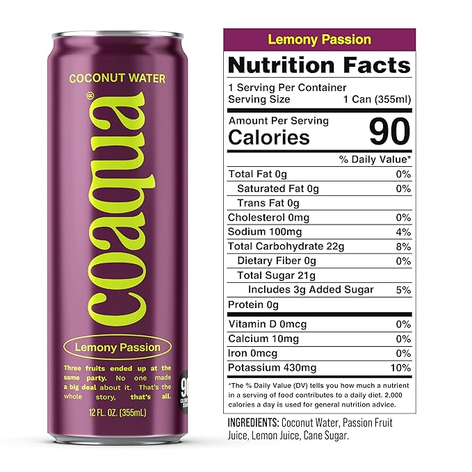 Coaqua Lemony Passion Coconut Water (12 Pack), Naturally Sweet Electrolyte Drink with Passion Fruit & Lemon Juice – Supports Immunity, Digestion & Hydration – Zero Fat, Gluten-Free – 12 fl oz Cans
