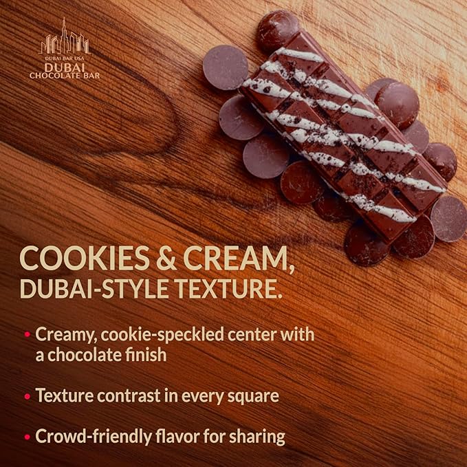 Dubai Chocolate Bar Cookies & Cream – 2.47oz Premium Chocolate with Cookies & Cream Filling and Crispy Kataifi – Dubai Knafeh Dessert Inspired – Made in USA (6 Pack)