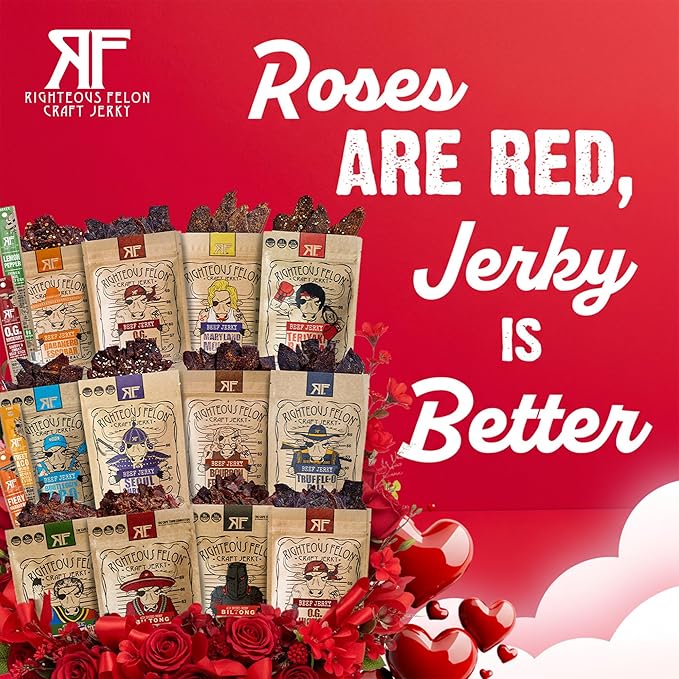 Righteous Felon Beef Jerky Variety Pack | Gluten Free Snack Packs for Adults | High Protein, Keto, Low Sugar | Made with Premium Meats | Valentines Day Gifts for Men | Spicy Jerky 4 Pack
