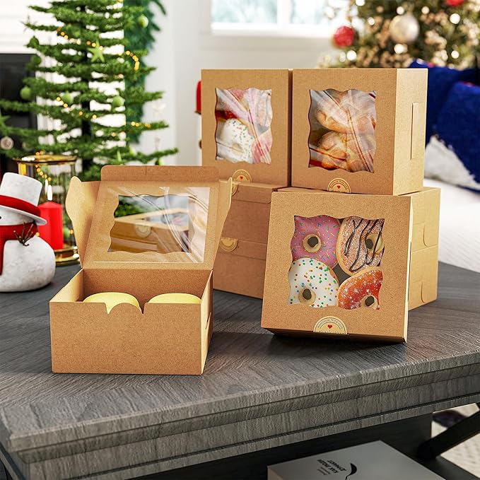 EffiQ-Rate 50 Pack Cookie Boxes with Window, 6x6x3 Inches Bakery Boxes, Pastry Boxes for Cookies, Pastries, Desserts, Cakes, Donuts, Macarons, with 50 Stickers and 5 Bundles of Twine