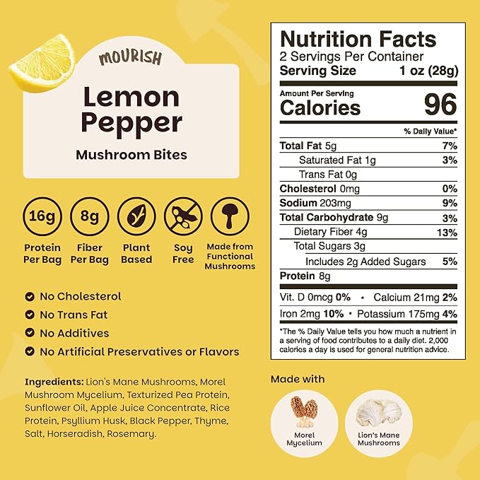 Mourish Vegan Mushroom Bites, Lemon Pepper Flavor, 1 Pack (2 oz), Good Source of Protein and Fiber, Plant Based Meat Jerky, Gluten Free, Meatless Healthy Snacks for Hiking, Work, Travel & School