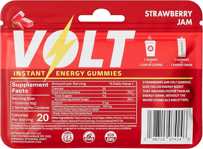 Volt Instant Energy Gummies - 100mg Caffeine per Gummy - Fast-Acting Fuel for Workout, Race + Study - Energy Drink Alternative - Caffeine Chews for Women & Men - Made in USA - Strawberry Jam - 12 Pack