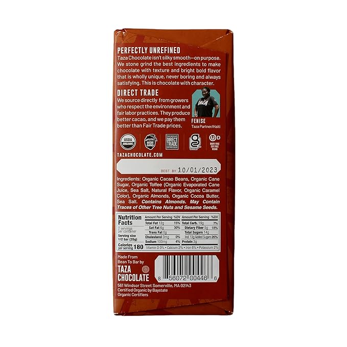 Taza Chocolate Organic Amaze Bar 60% Stone Ground, Toffee Almond Sea Salt, 2.5 Ounce (10 Count), Vegan