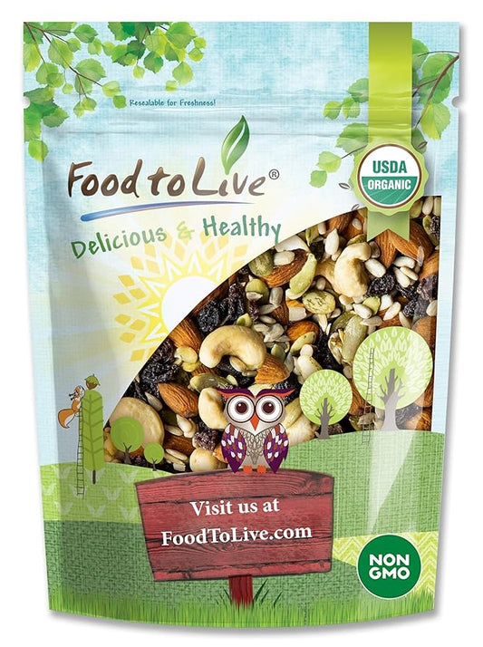 Organic Raw Seeds, Nuts and Raisins Mix, 1 Pound - Raw and Non-GMO Trail Mix Contains Walnuts, Almonds, Cashews, Hazelnuts, and Raisins. Vegan Superfood Snack, Kosher, No Added Sugar and Oil, Bulk