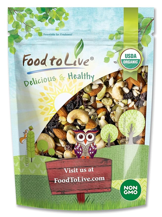 Food to Live Organic Raw Seeds, Nuts and Raisins Mix, 8 Ounces — Raw, Non-GMO Trail Mix Contains Almonds, Cashews, Pumpkin Seeds, Sunflower Seeds. Vegan Superfood Snack, Kosher, No Added Sugar and Oil