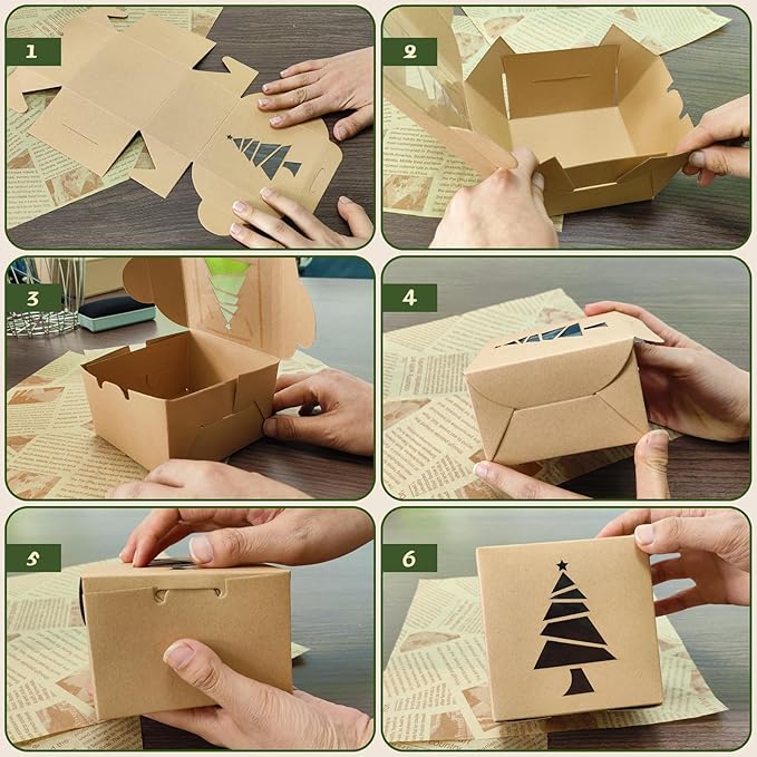 Gute 24 Pcs Christmas Kraft Cookie Boxes, Brown Christmas Treat Boxes with Window 4" x 4" x 2.5" Bakery Gift Warpping Box for Xmas Holiday Party Favor Pastries, Cupcakes, Cookies Donuts Gift-Giving