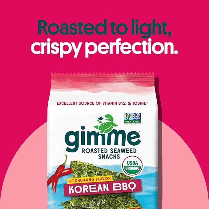 Gimme Seaweed Organic Premium Roasted Seaweed Snacks, Korean BBQ, 6 Count, Keto, Vegan, Gluten-Free, Great Source of Omega3s and Iodine, Healthy On-The-Go Snack for Kids and Adults (Pack of 2)